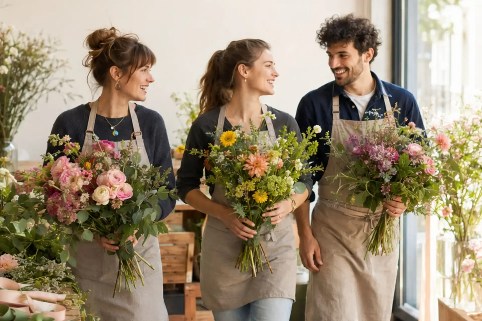 3 fleuristes avec leur bouquet