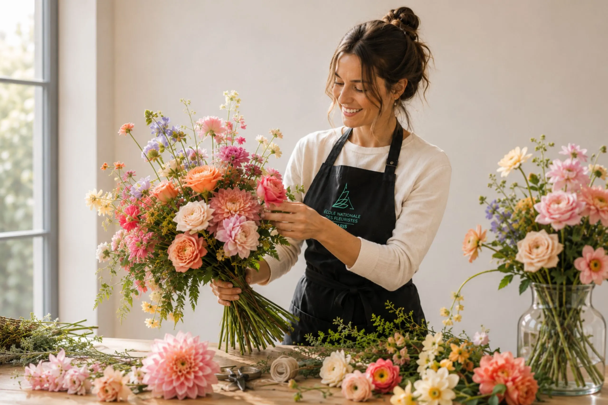 Fleuriste de l'Ecole Nationale des Fleuristes faisant un bouquet