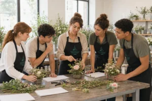 Plusieurs fleuristes discutant de leur composition florale