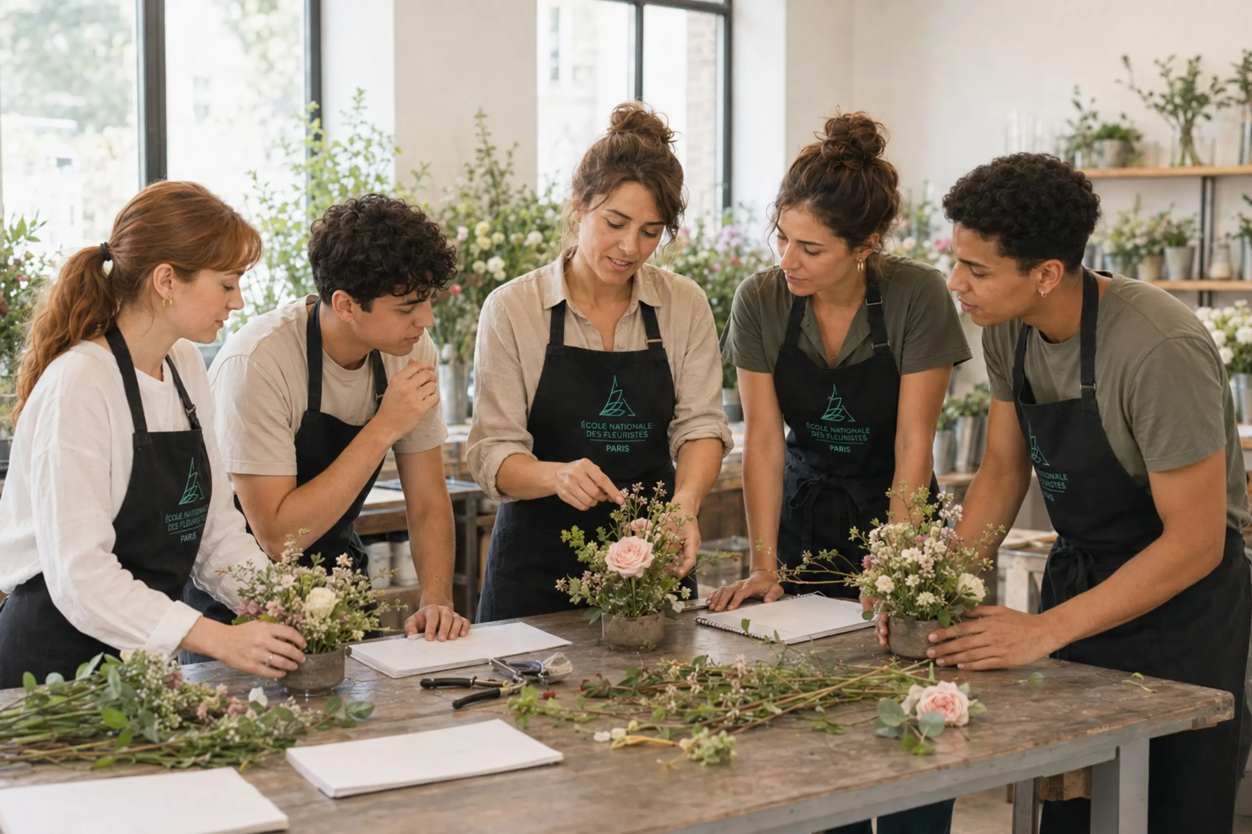 Plusieurs fleuristes discutant de leur composition florale