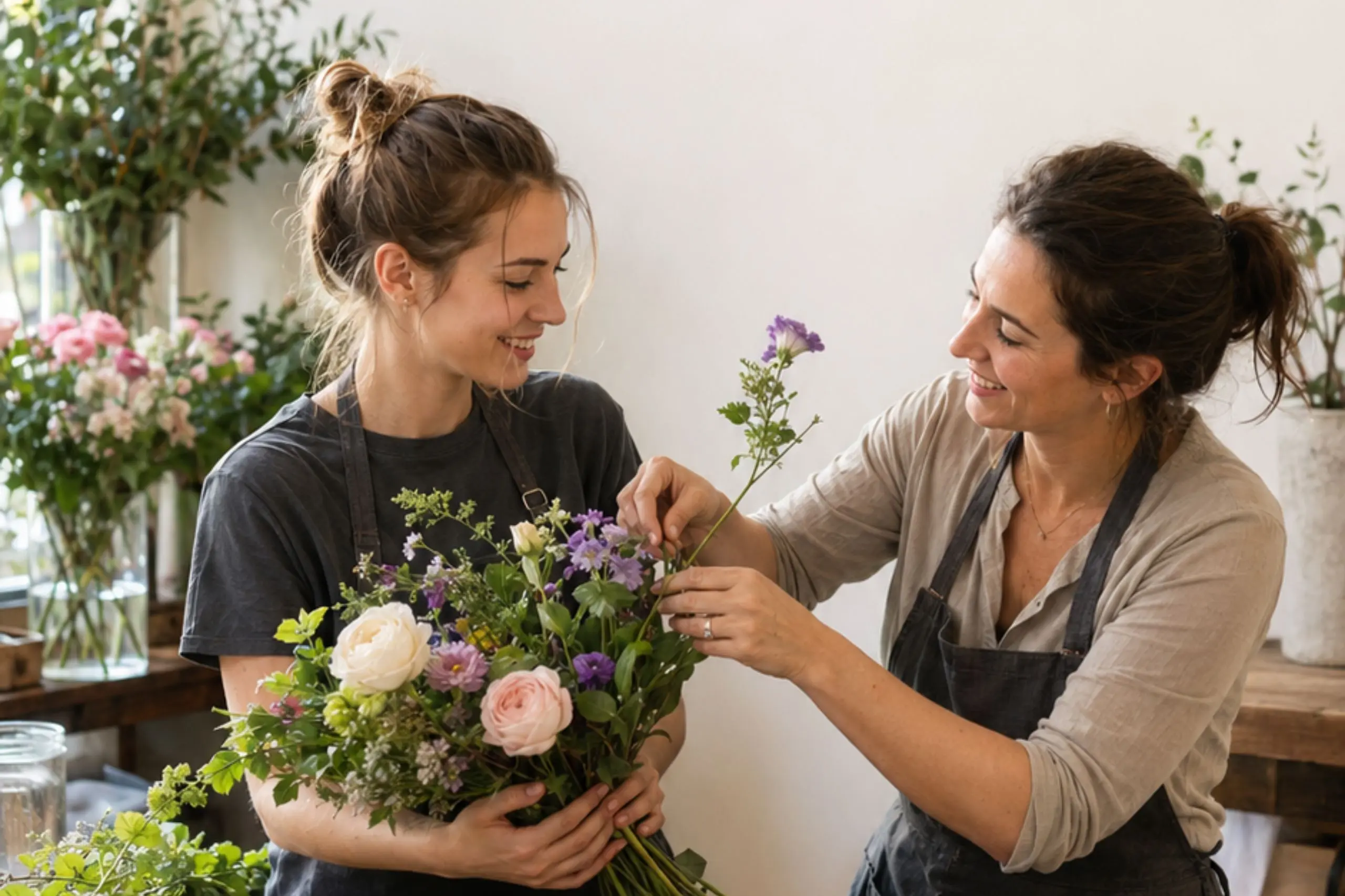 Deux personnes faisant un bouquet de fleurs