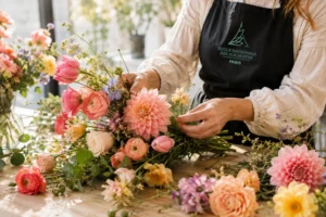 Fleuriste de l'Ecole Nationale des Fleuristes faisant un bouquet