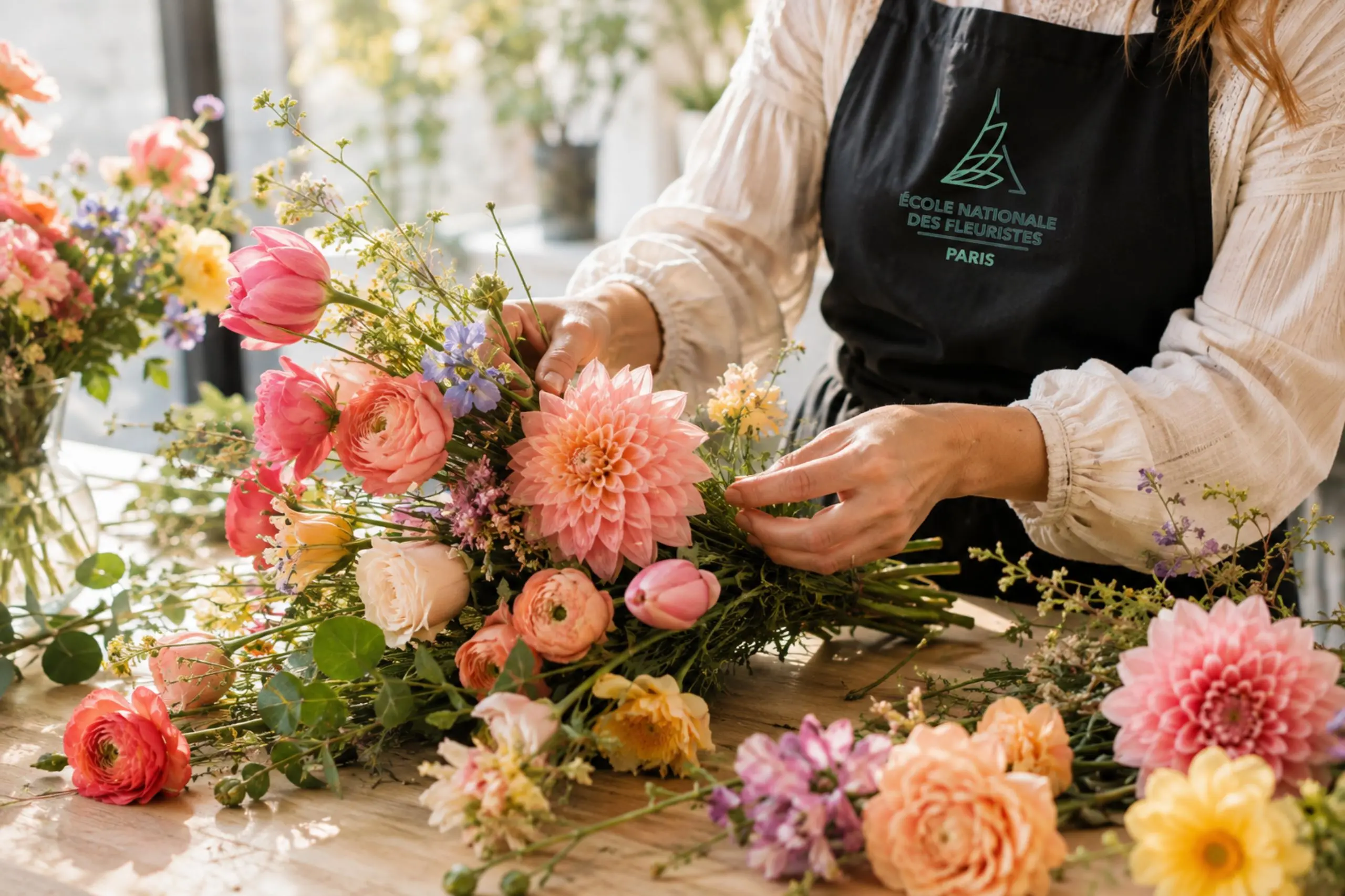 Fleuriste de l'Ecole Nationale des Fleuristes faisant un bouquet