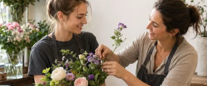 Deux personnes faisant un bouquet de fleurs